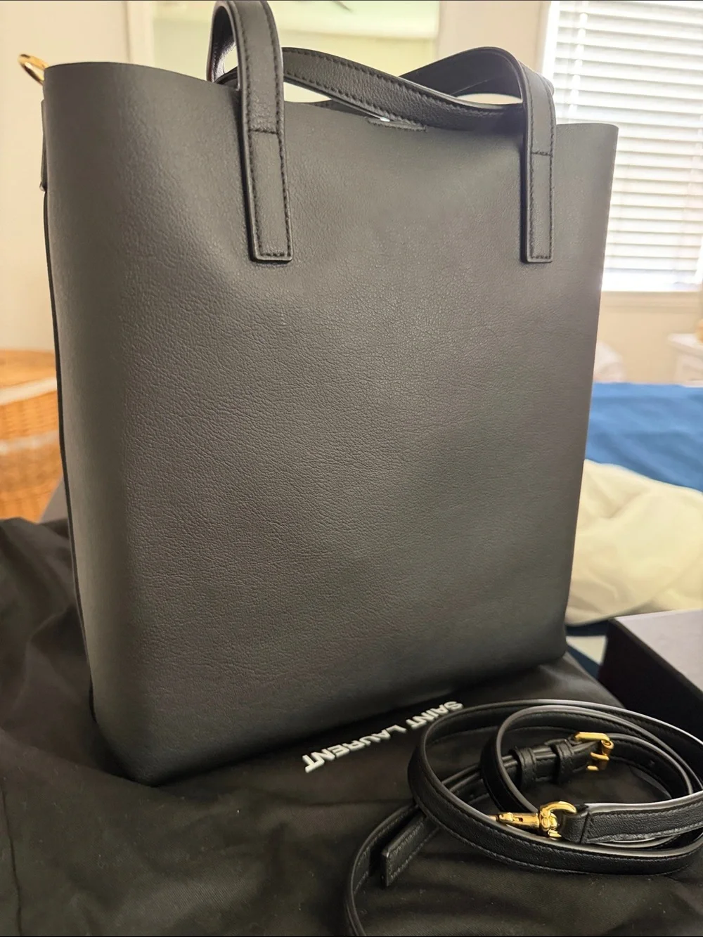 Saint Laurent Black Leather Messenger Tote with Gold Hardware